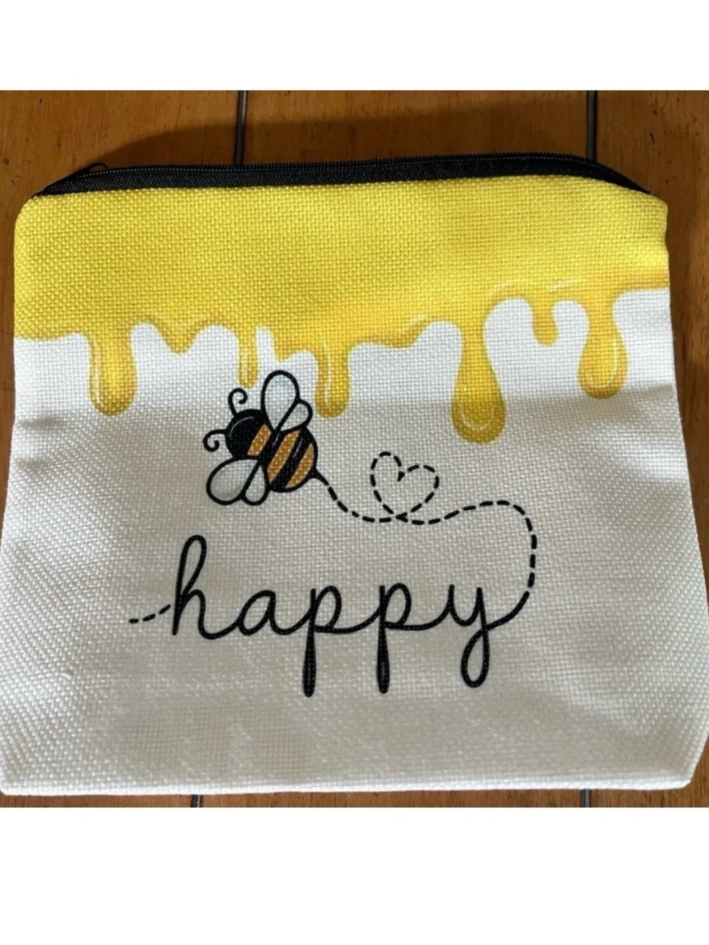 Bee 'Happy' Canvas Zipper Pouch - Yellow & White